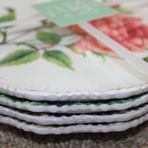 Soho Loft Pink Rose Scalloped Set of 4 11" Melamine Dinner Plates White NWT RARE - Picture 4 of 5